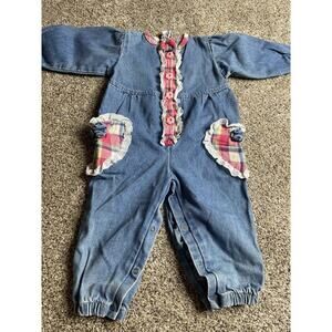 Vintage Gitano Kids Romper Girls 18M Blue Denim Jean Hearts Floral Bows 90s